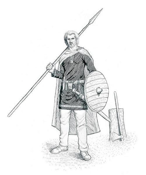 Image of a well-built, well groomed man wearing a woollen cloak, fastened at the shoulder with a ringed pin, and a tunic decorated with tablet-woven bands.