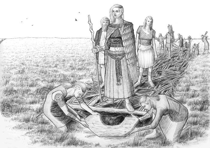 Image of the construction of a trackway, created using roundwoods, brushwood and twigs and secured in place with long wooden pegs or stakes. A priestess and two others oversee the work.