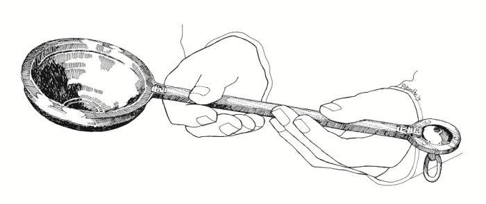 Image of two hands holding a bronze ladle