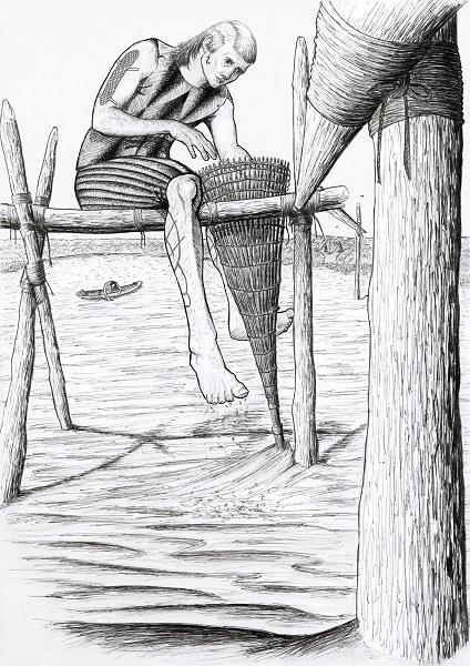 Image of man in clothing made of fish skin sitting on a simple walkway and checking the woven basketry fish-trap.