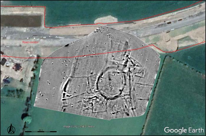 Geophysical survey results showing field system around central ditched enclosure (WM013-095) south of new N52 Cloghan–Billistown road (Target Archaeological Geophysics). 