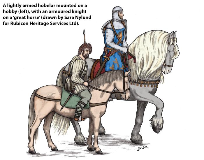 Drawing of a lightly armed hobelar mounted on a hobby (left), with an armoured knight on a ‘great horse’ (Sara Nylund for Rubicon Heritage Services Ltd).