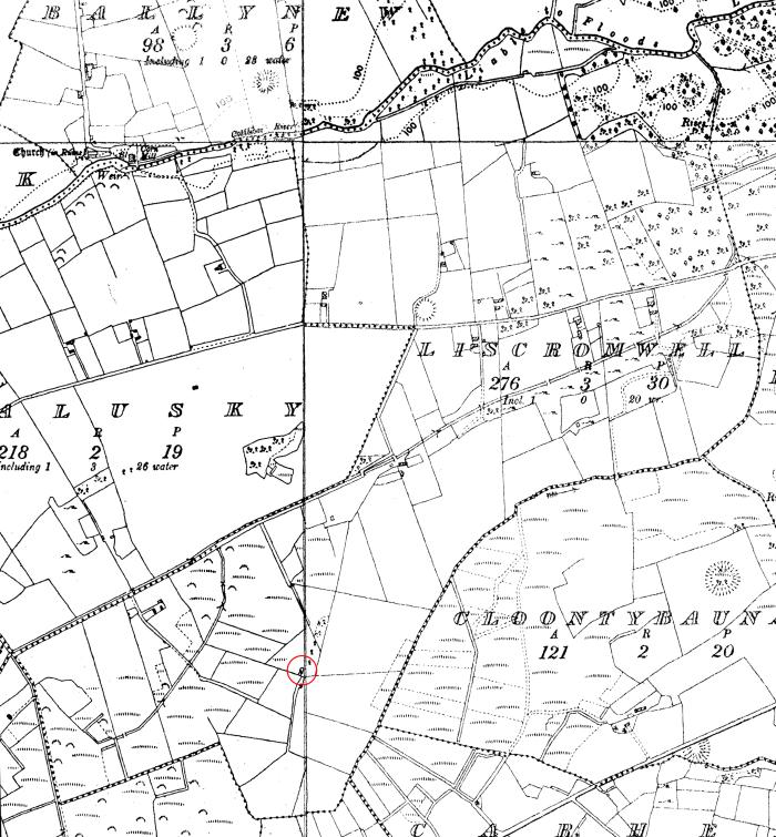 Extract from the 1940–50 edition of the Ordnance Survey six-inch map showing the Liscromwell limekiln.