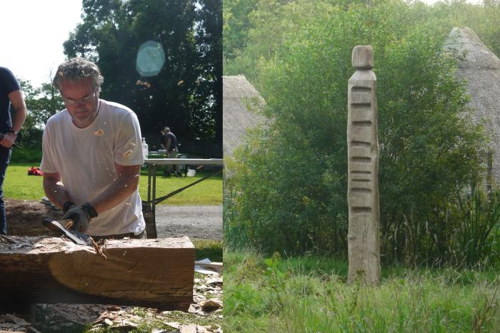 Photograph of woodworker Mark Griffiths carving the head of the replica Gortnacrannagh  idol (left) and the completed replica at Craggaunowen, Co. Clare (right).
