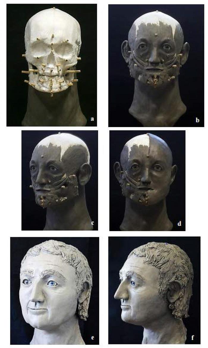 Six panel image by Katherine Beatty showing the process used in reconstructing the Owenbristy male burial