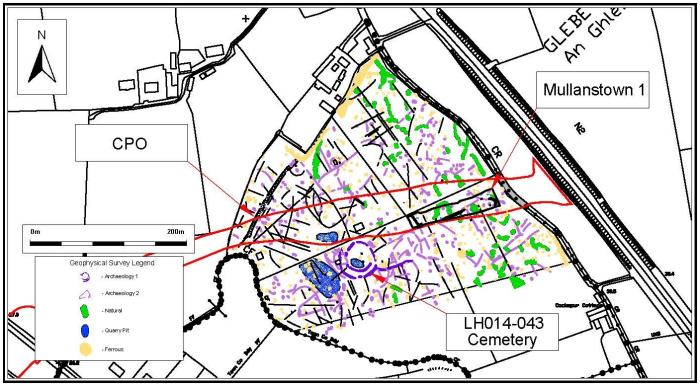 The geophysical survey results at Mullanstown and the outline (in black) of the excavation area.