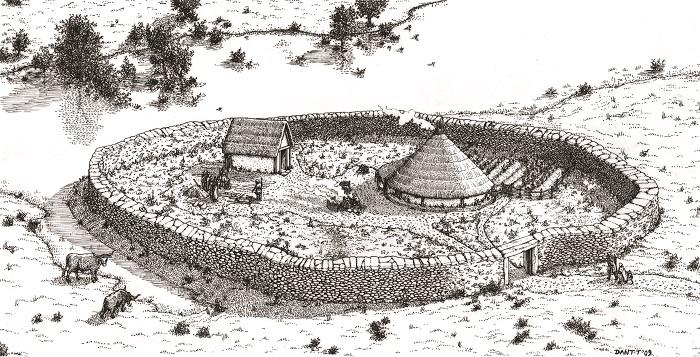 Reconstruction of the early medieval cemetery-settlement at Owenbristy, Co. Galway. Drawn by Dan Tietzsch-Tyler.