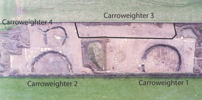 Vertical aerial photo of (clockwise from top left) Carroweighter 4, Carroweighter 3, Carroweighter 1 and Carroweighter 2 (Photo: IAC Archaeology).