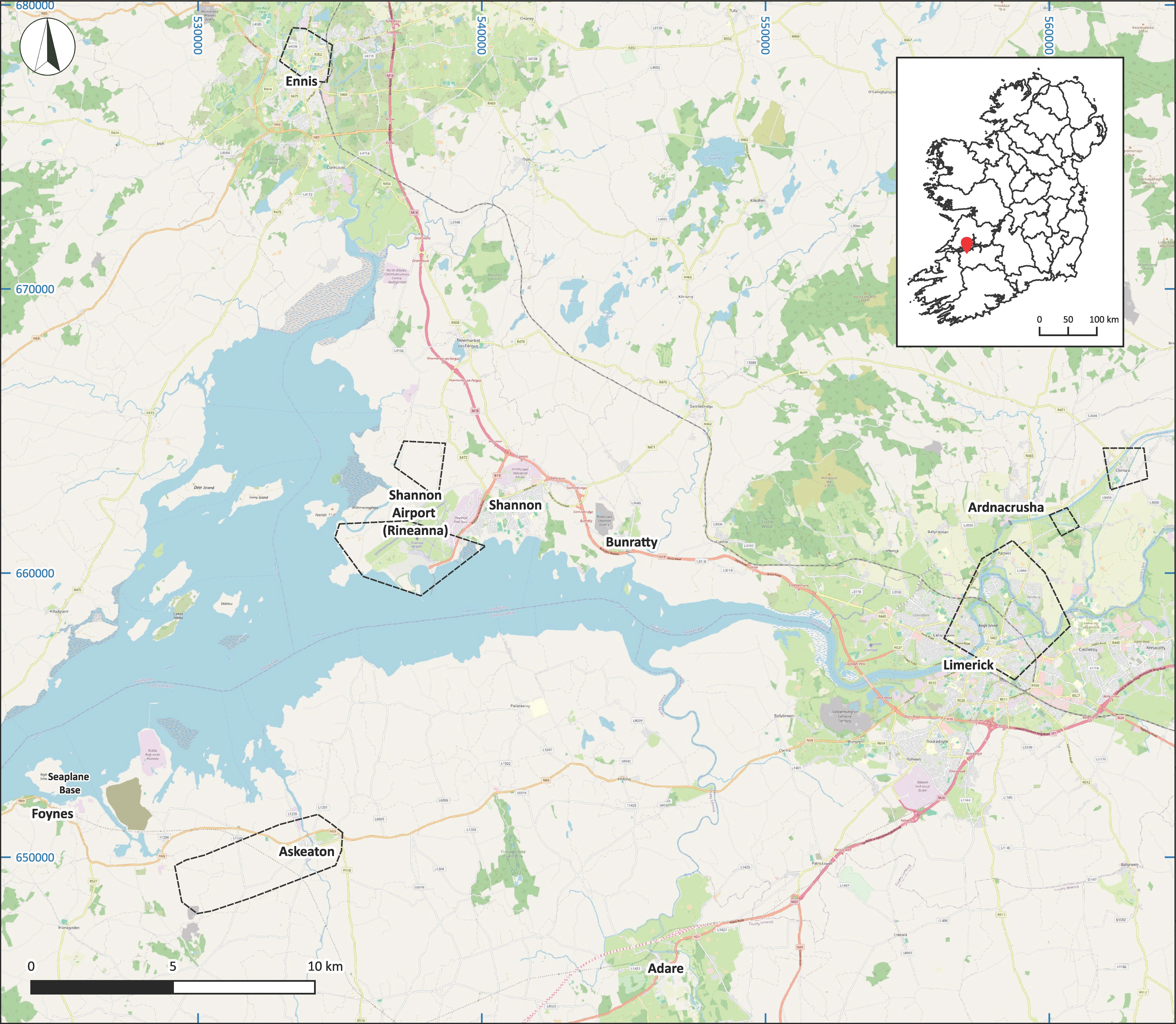 Illustration 9: Pillbox concentrations (outlined) around the wider Shannon Estuary, 1941, based on records in the Military Archives (base map: OpenStreetMap 2025)