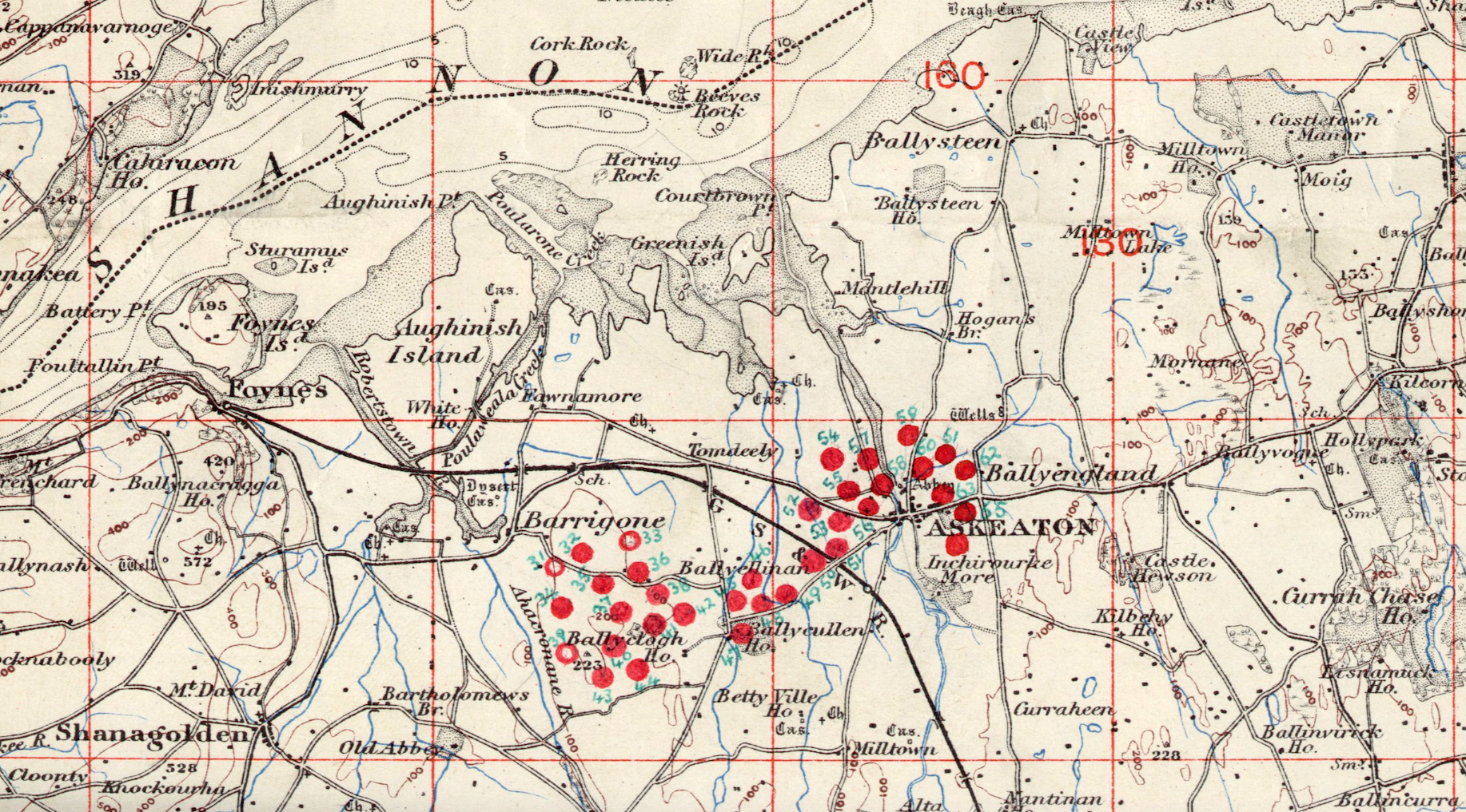 Illustration 8: Extract from 1941 Irish Army-annotated Ordnance Survey map (IE-MA-EDP-007 ‘Mouth of Shannon Blockhouses’) showing the Askeaton Cluster. The hollow circles denote blockhouses (pillboxes) due to be completed by March/April 1941. Courtesy of The Military Archives.
