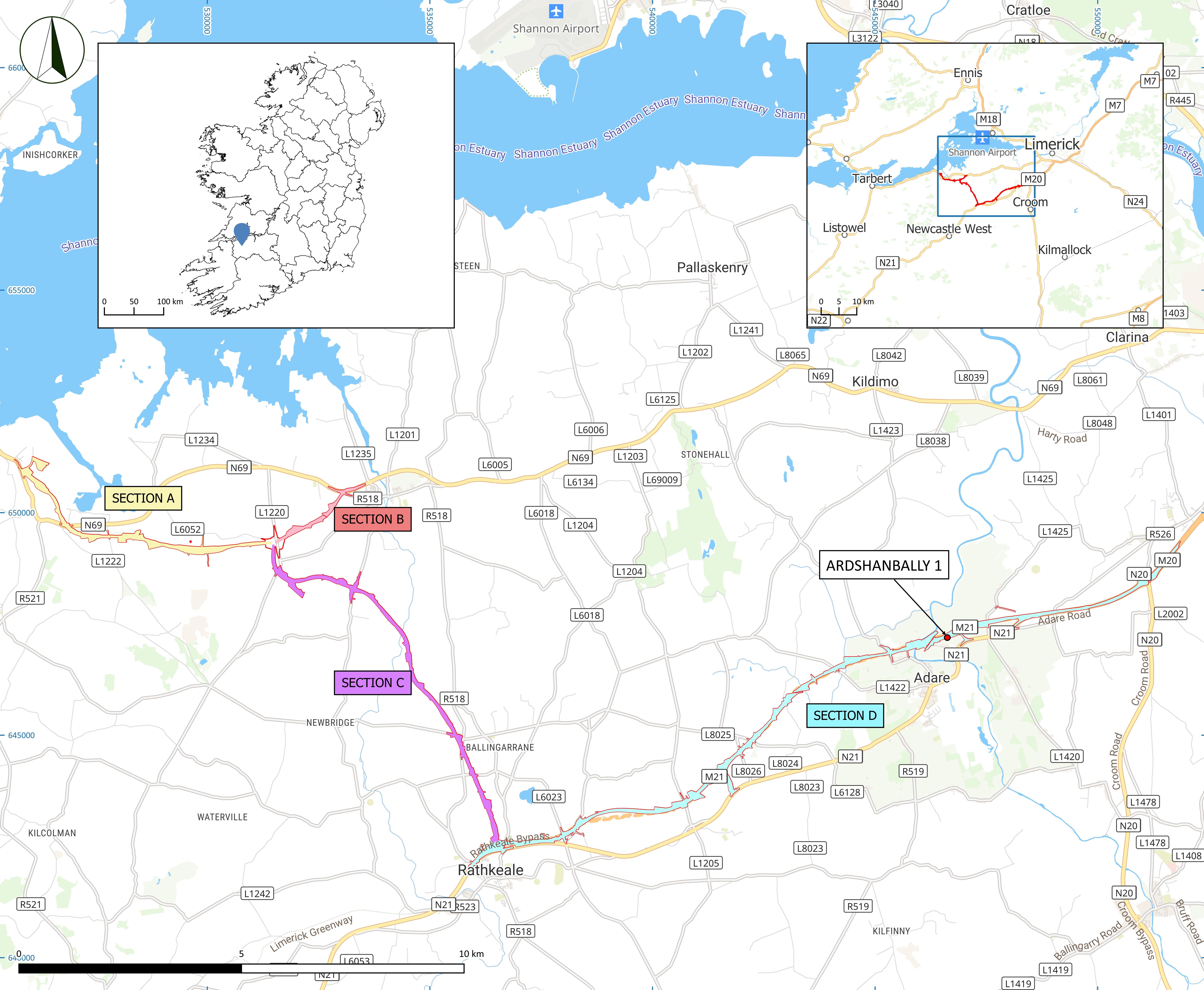 Illustration 2: Foynes to Limerick Road (including Adare Bypass) Scheme and location of Ardshanbally 1 (Figure: Raul Zafra, AMS).