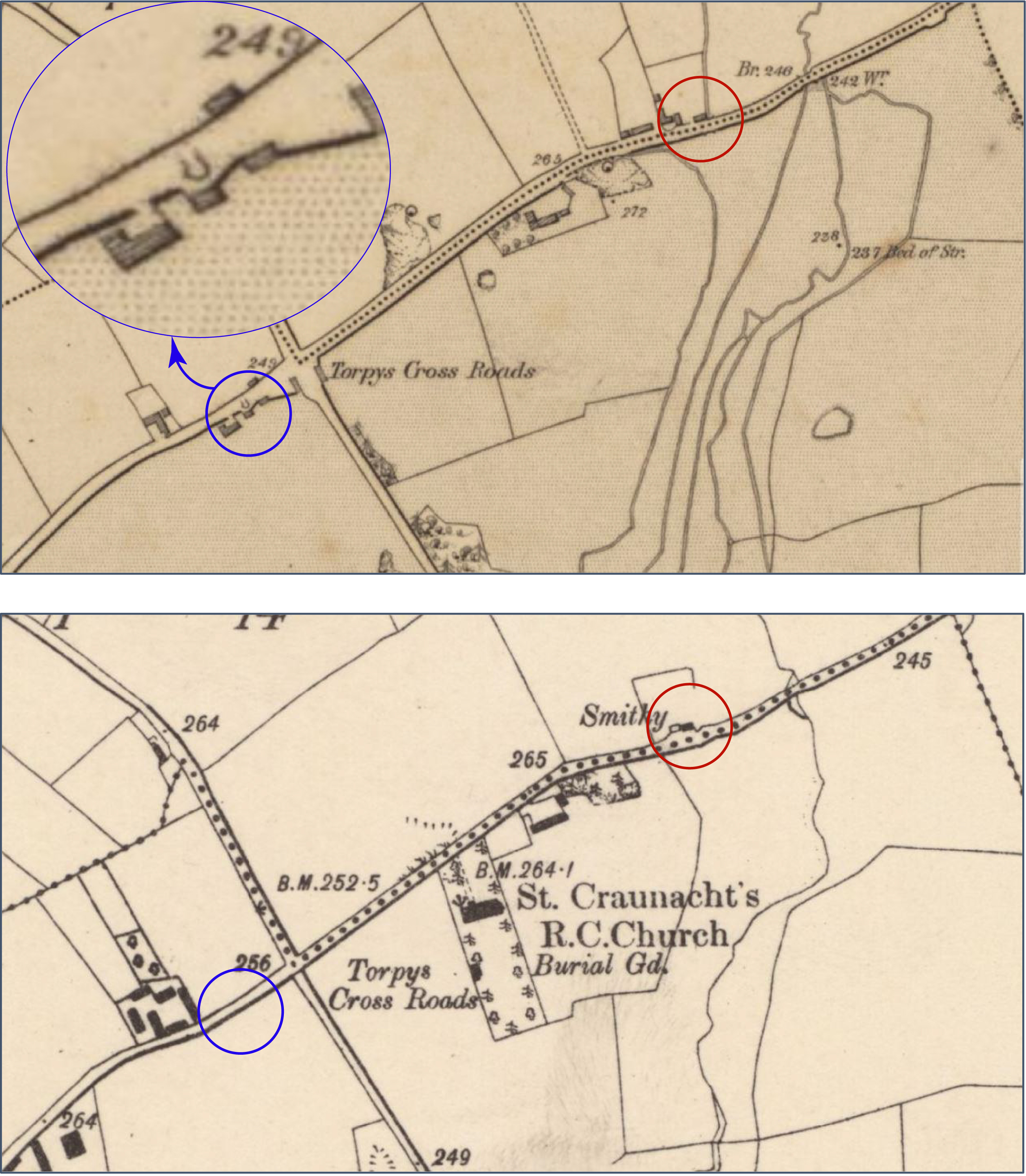 Illus. 11: Smithies at Annakisha South (blue circle) and Clenor South (red circle) on the OS maps (six-inch to one mile, Cork - Sheet 25). Top: first edition, surveyed 1841, engraved 1844, printed 1844 (https://maps.nls.uk/view/246834556): Bottom: revised edition 1903–04, published 1905 (https://maps.nls.uk/view/247666824). Reproduced with the permission of the National Library of Scotland, licensed under CC BY (NLS).