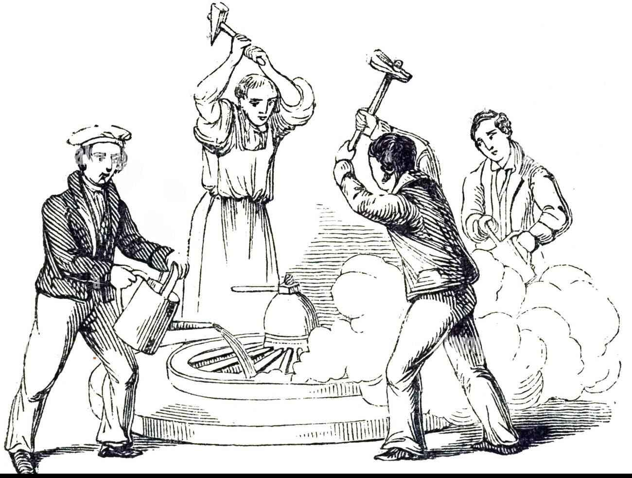 Illus. 6: ‘Hooping’ or tiring’ a wheel from a mid-19th-century woodcut (Penny Magazine 1841, 505).