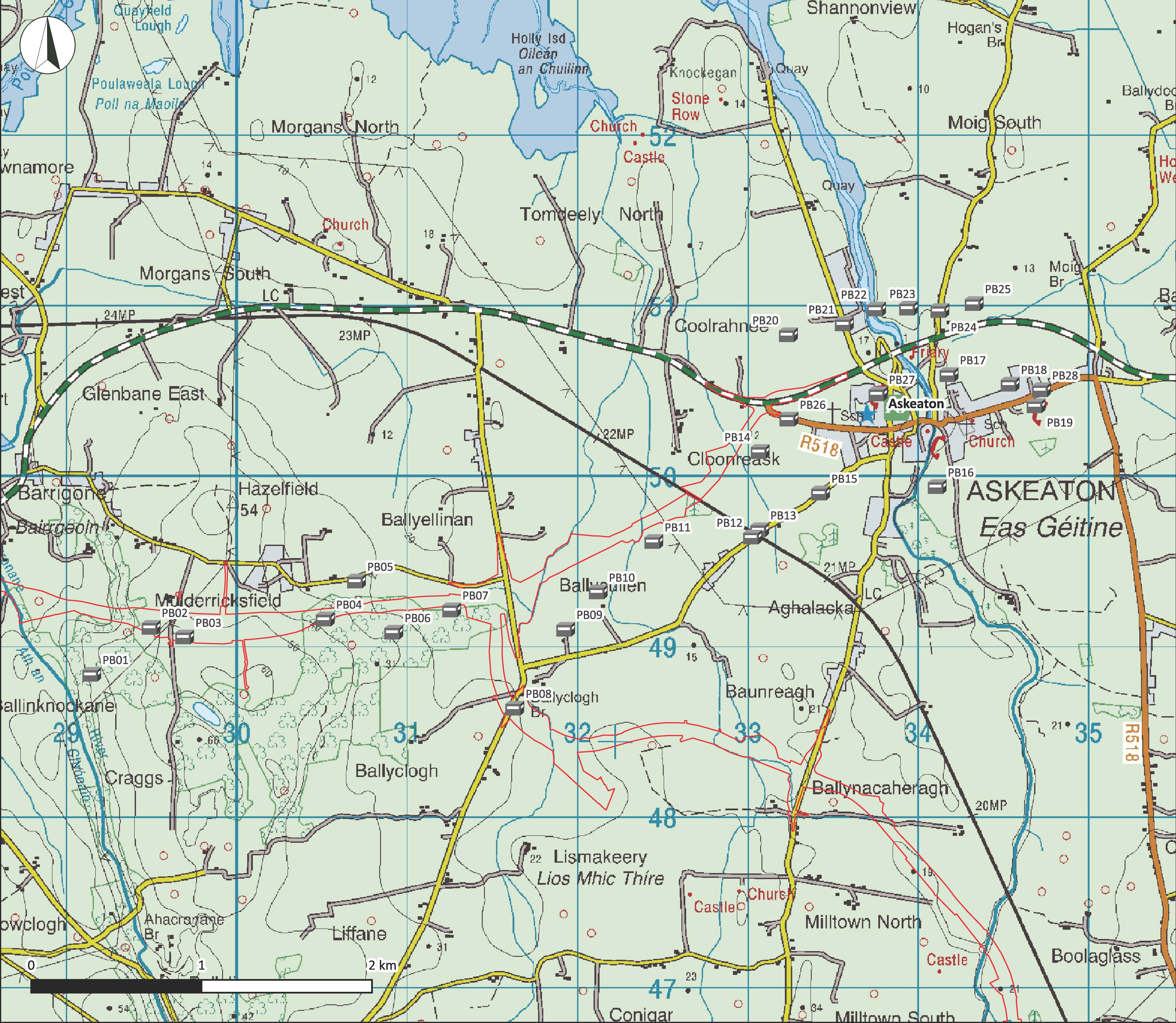 Illustration 7: Verified pillbox locations in the Askeaton Cluster with the Project boundary shown in red (Tailte Éireann mapping is reproduced under permit number CYAL50441807)